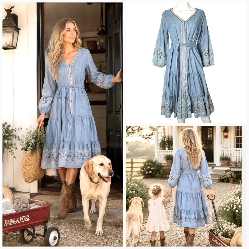 Denim Midi Dress S Floral Embroidered Puff Sleeve Cottage Core Peasant Boho